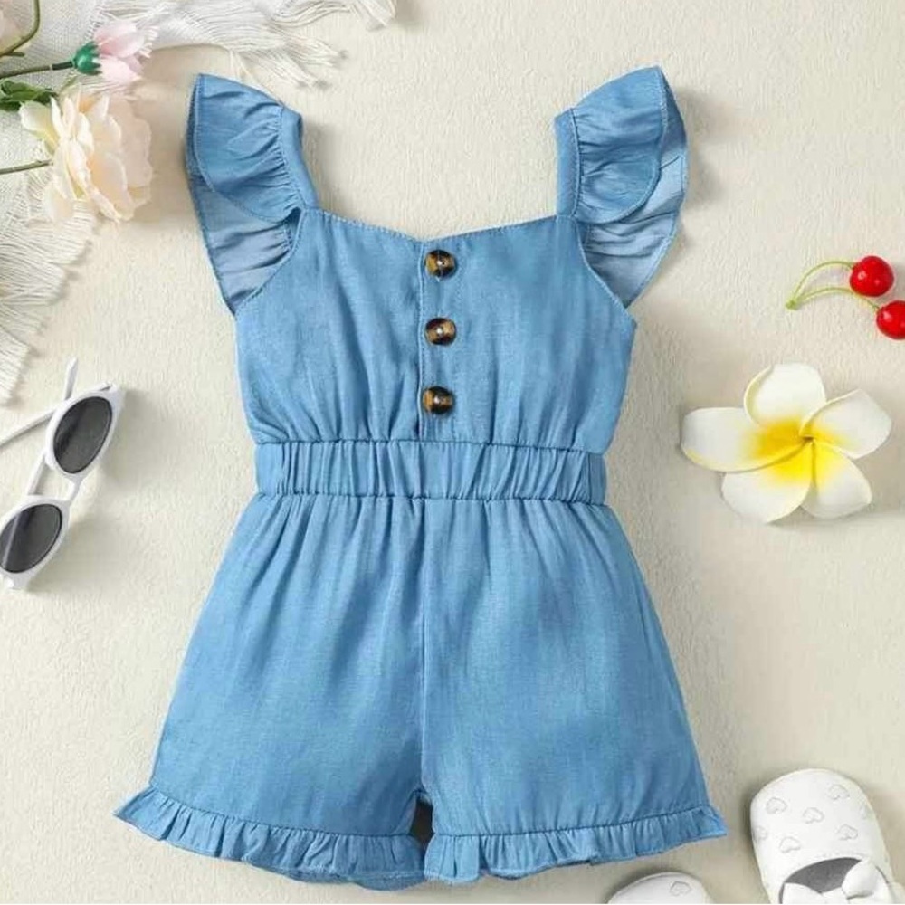 Ruffle sleeveless imitation denim print romper jumpsuit
